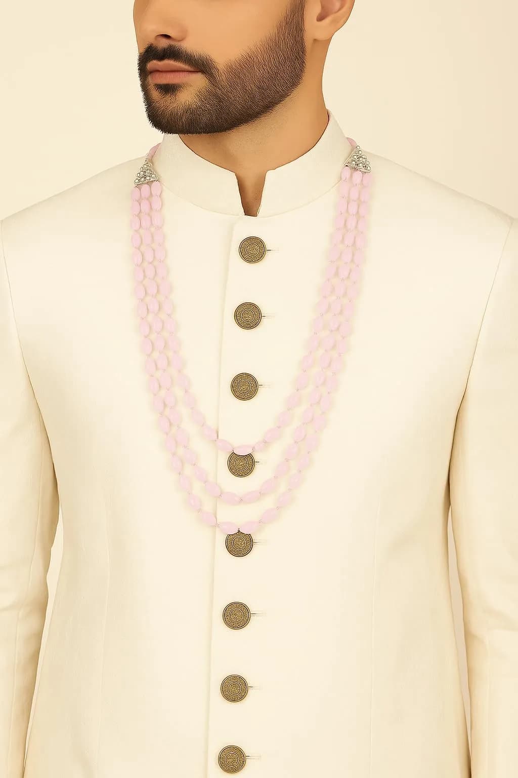 I Jewels 3 Layered Gold Plated Mint Moti Mala Necklace 32cm (12.6in) | Royal Indian Wedding Groom Haar - view 2