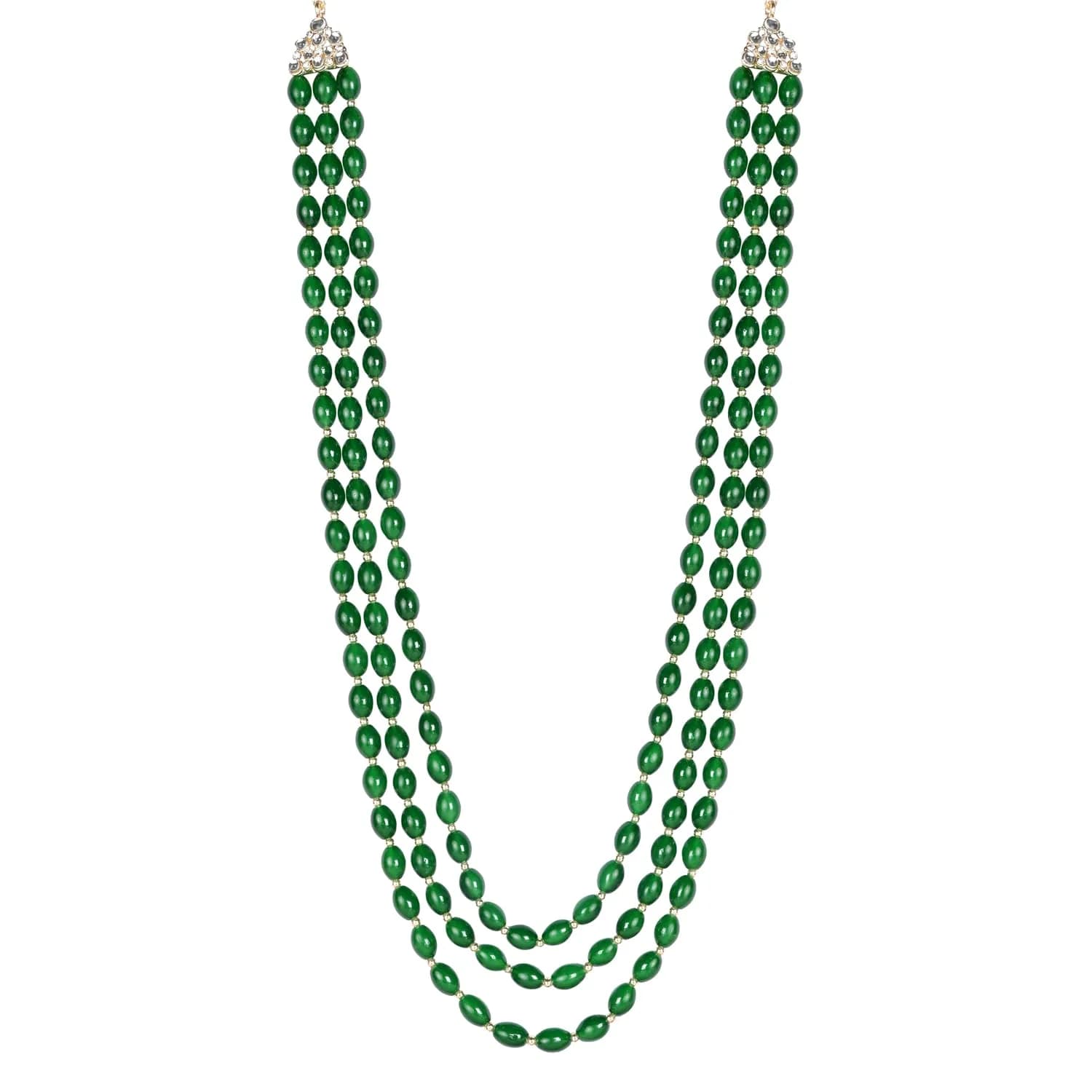 I Jewels 3 Layered Gold Plated Mint Moti Mala Necklace 32cm (12.6in) | Indian Wedding Groom Necklace - view 2