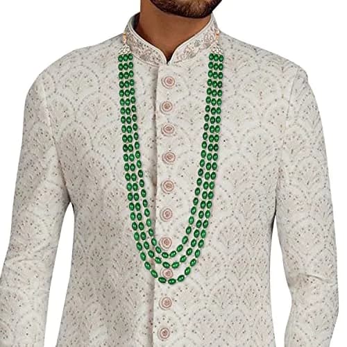 I Jewels 3 Layered Gold Plated Mint Moti Mala Necklace 32cm (12.6in) | Indian Wedding Groom Necklace thumbnail 3