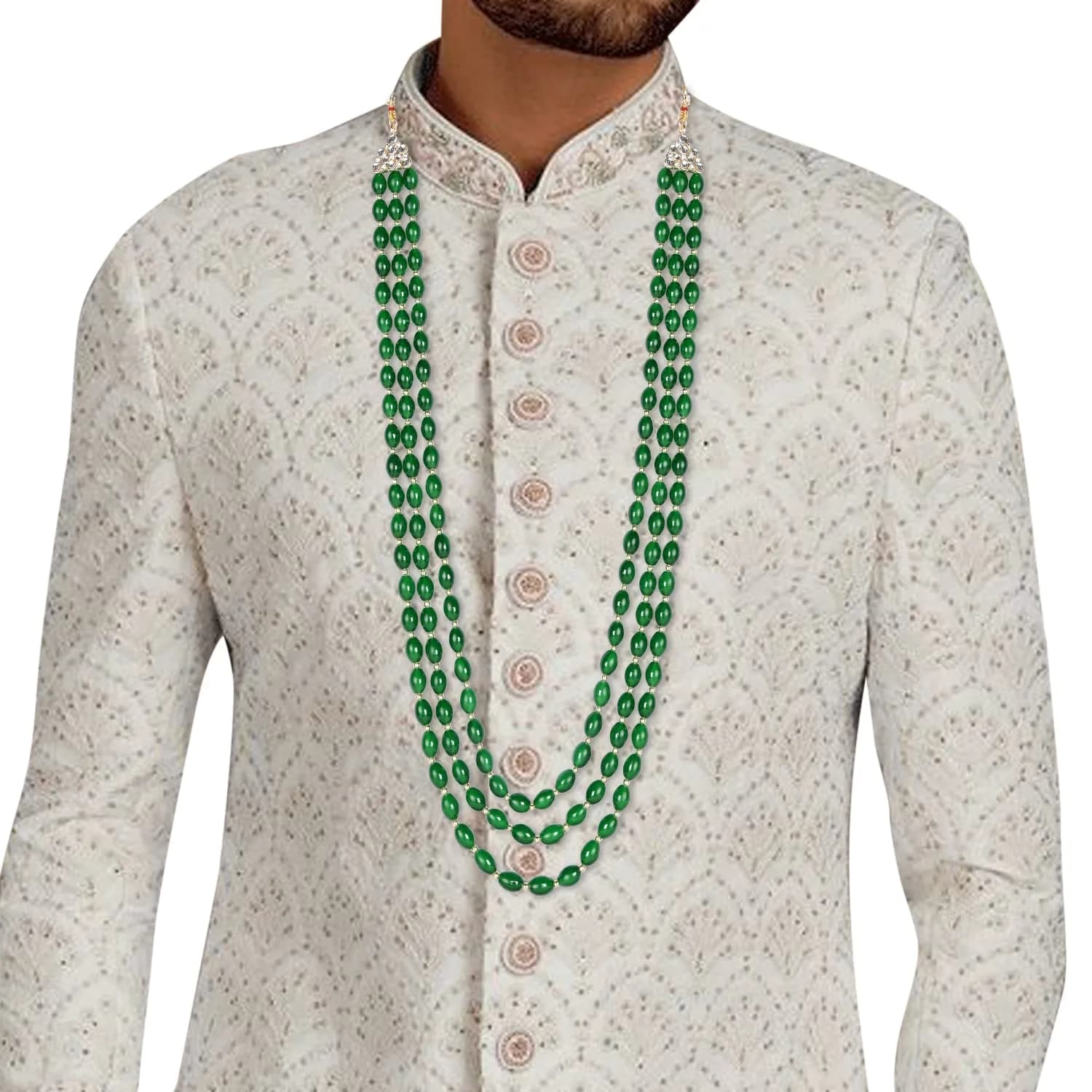 I Jewels 3 Layered Gold Plated Mint Moti Mala Necklace 32cm (12.6in) | Indian Wedding Groom Necklace - view 3
