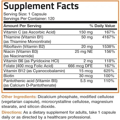 Bronson Vitamin B Complex with Vitamin C Vegetarian Capsules 120 Count | Immune, Energy & Nervous System Support thumbnail 8