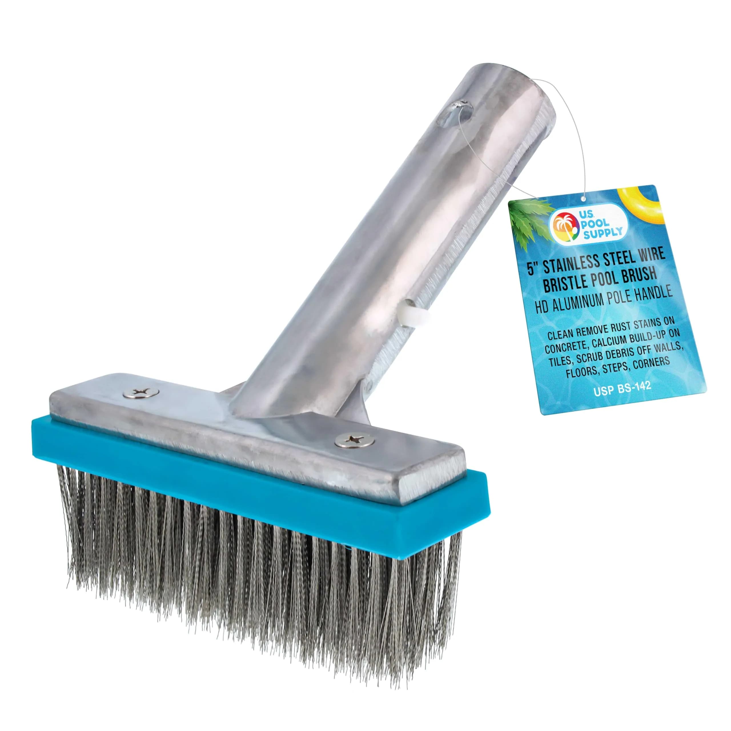 U.S. Pool Supply 10" Stainless Steel Pool Brush Head with Aluminum Handle | Heavy Duty Pool Cleaning Tool — Multicolor