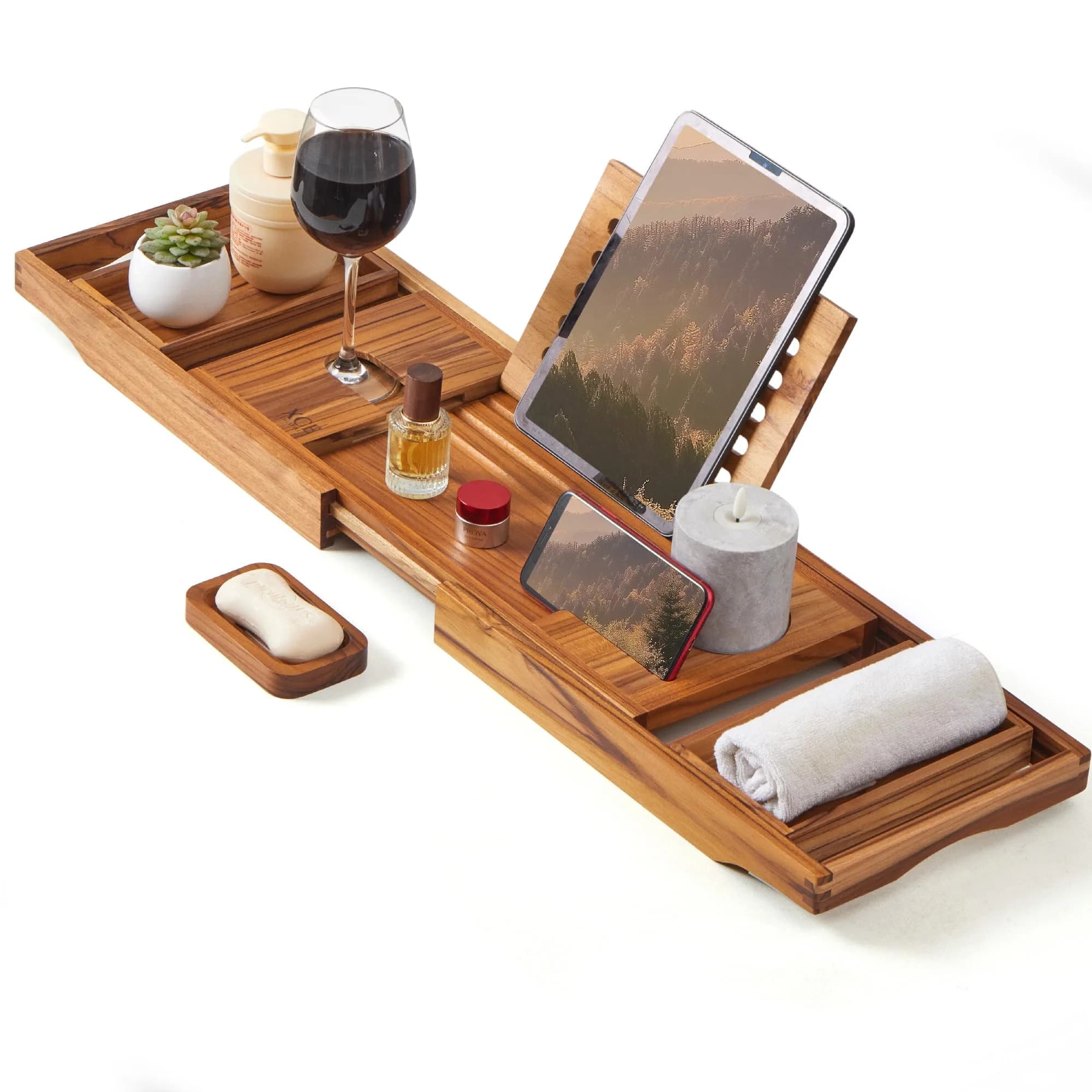 XcE Teak Bathtub Caddy Tray with Book Stand & Soap Holder, 105 cm (41") Expandable | Luxury Bath Spa Accessory for Couples - main product image