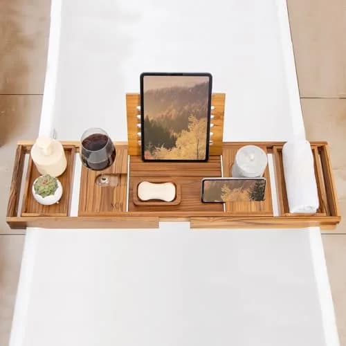 XcE Teak Bathtub Caddy Tray with Book Stand & Soap Holder, 105 cm (41") Expandable | Luxury Bath Spa Accessory for Couples thumbnail 4