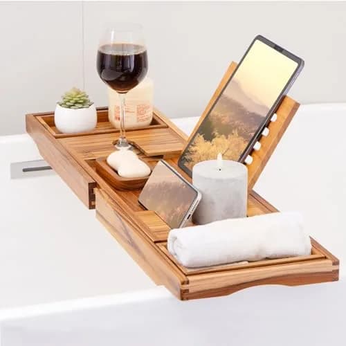 XcE Teak Bathtub Caddy Tray with Book Stand & Soap Holder, 105 cm (41") Expandable | Luxury Bath Spa Accessory for Couples thumbnail 5