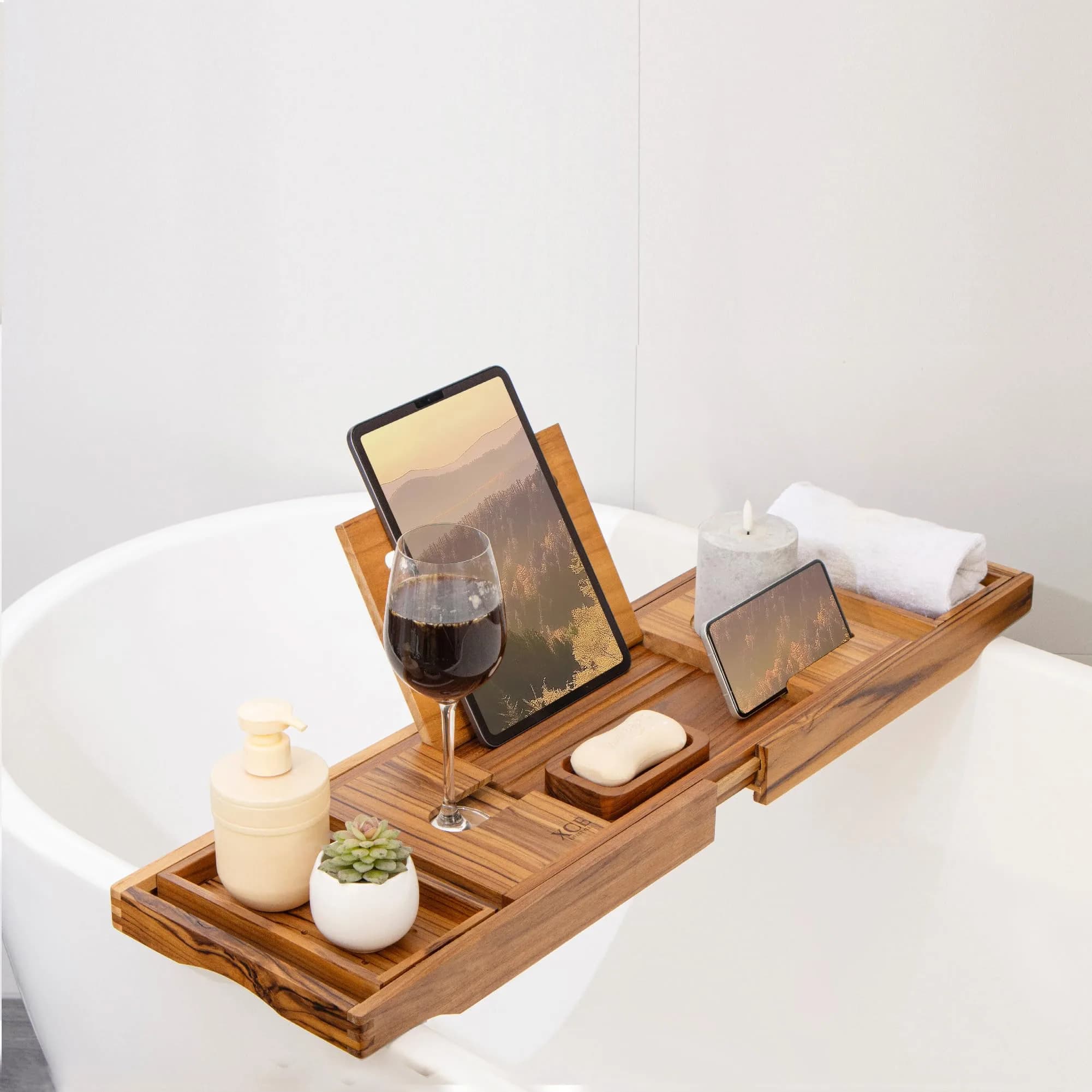 XcE Teak Bathtub Caddy Tray with Book Stand & Soap Holder, 105 cm (41") Expandable | Luxury Bath Spa Accessory for Couples - view 6