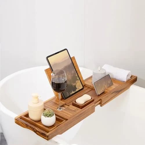 XcE Teak Bathtub Caddy Tray with Book Stand & Soap Holder, 105 cm (41") Expandable | Luxury Bath Spa Accessory for Couples thumbnail 6