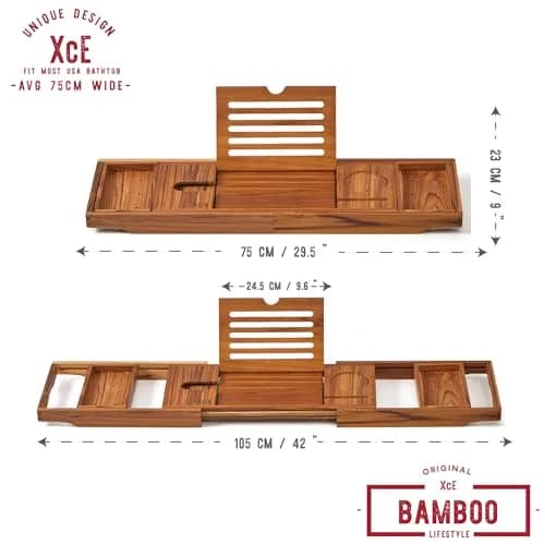 XcE Teak Bathtub Caddy Tray with Book Stand & Soap Holder, 105 cm (41") Expandable | Luxury Bath Spa Accessory for Couples thumbnail 2