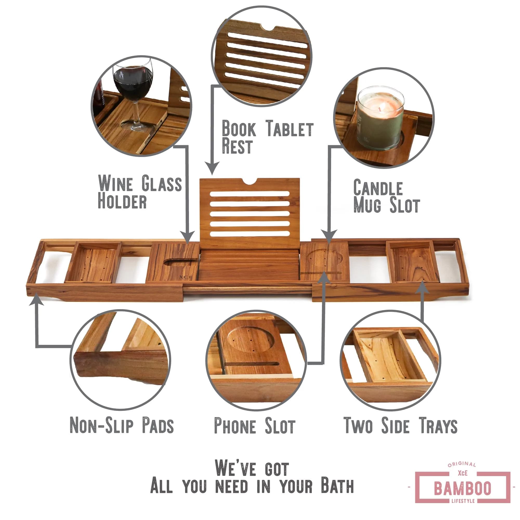 XcE Teak Bathtub Caddy Tray with Book Stand & Soap Holder, 105 cm (41") Expandable | Luxury Bath Spa Accessory for Couples - view 3