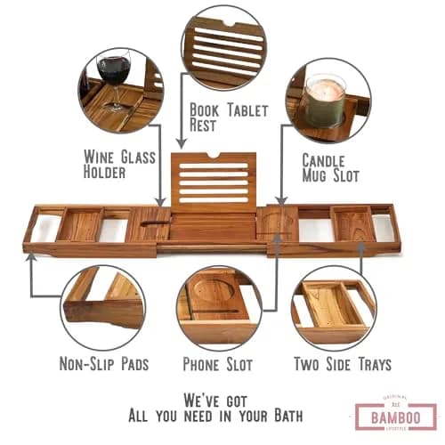 XcE Teak Bathtub Caddy Tray with Book Stand & Soap Holder, 105 cm (41") Expandable | Luxury Bath Spa Accessory for Couples thumbnail 3