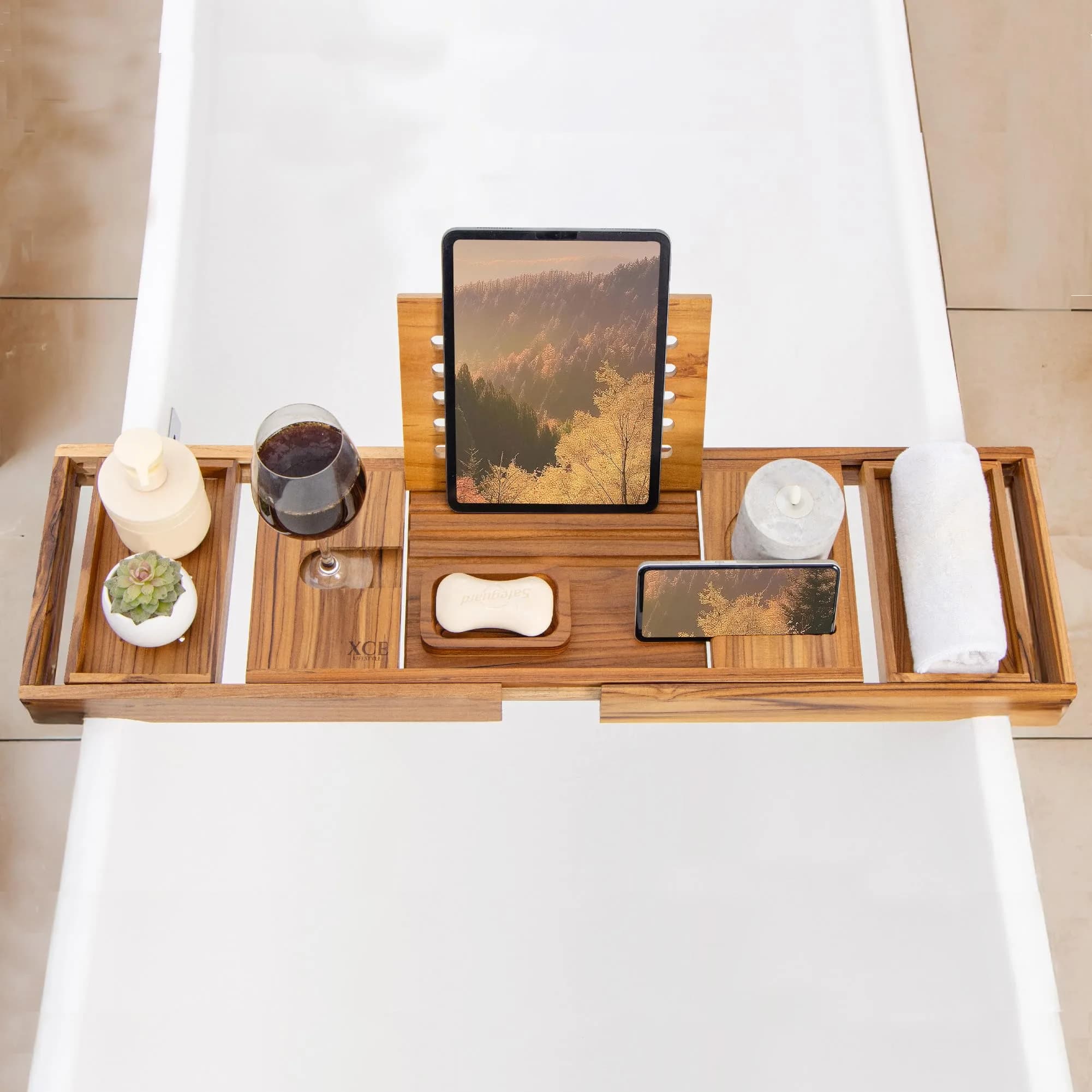 XcE Teak Bathtub Caddy Tray with Book Stand & Soap Holder, 105 cm (41") Expandable | Luxury Bath Spa Accessory for Couples - view 4