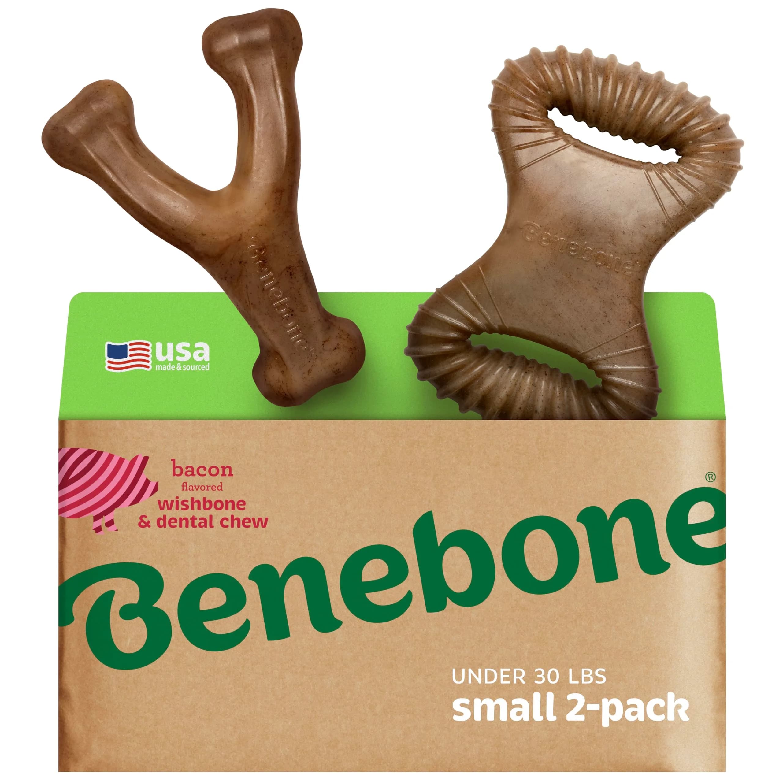 Benebone 2-Count Wishbone/Dental Dog Chew Toys, Small | Real Bacon, Durable Nylon, Made in USA — Small