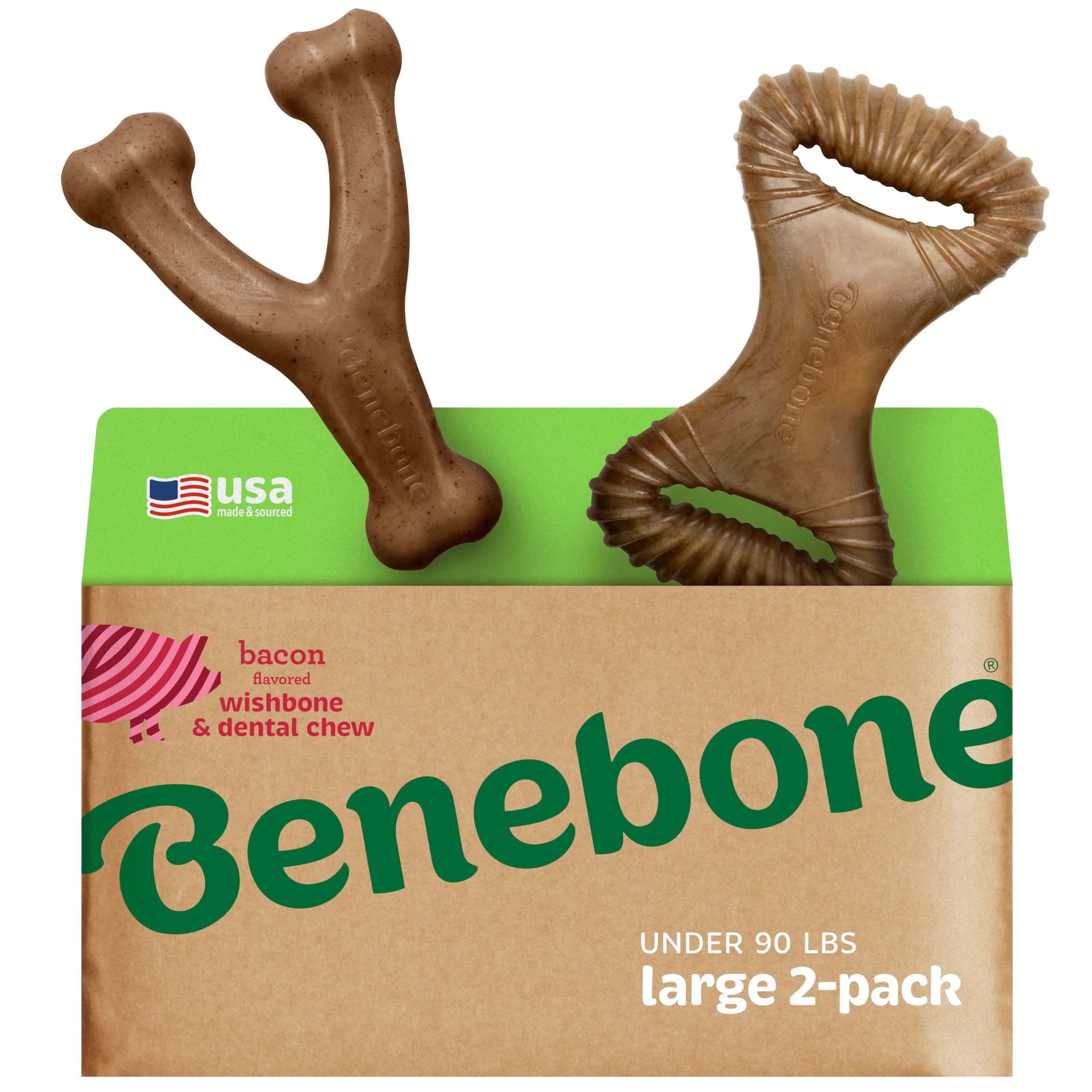 Benebone 2-Pack Wishbone/Dental Durable Dog Chew Toys, Real Bacon, Large (1.3 lb / 0.6 kg) — Large