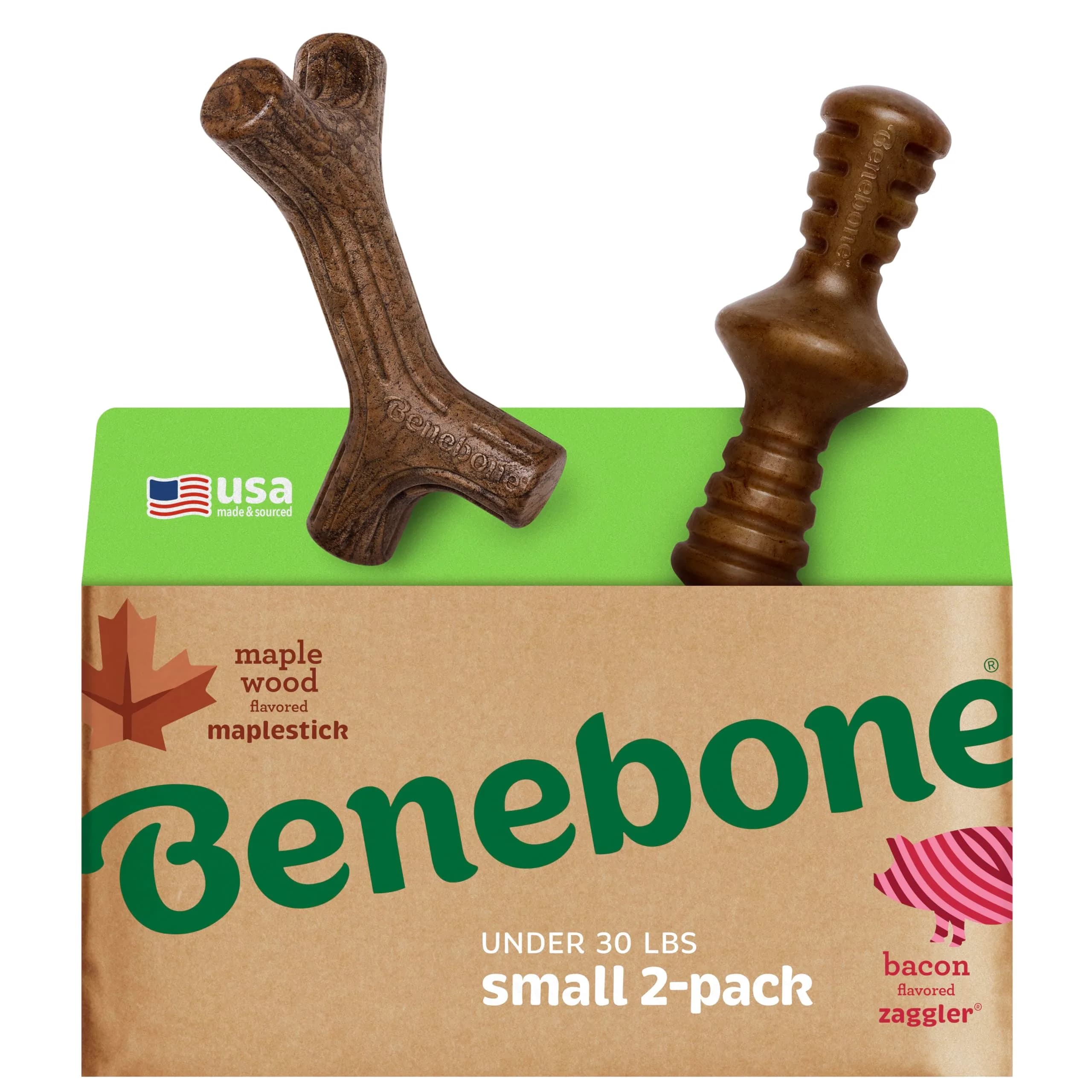 Benebone 2-Pack Maplestick/Zaggler Durable Dog Chew Toys, Small | Real Bacon & Maple Flavors, Made in USA — Small