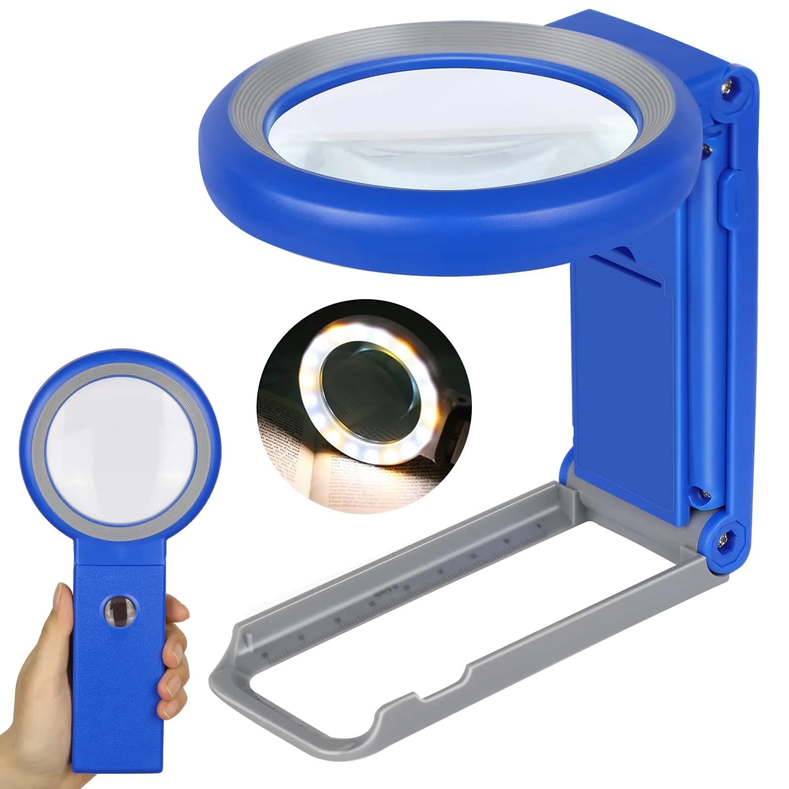 KIBTOY Blue Magnifier with Light and Stand, 3.2-inch Glass Lens | 3x Magnification for Seniors Reading