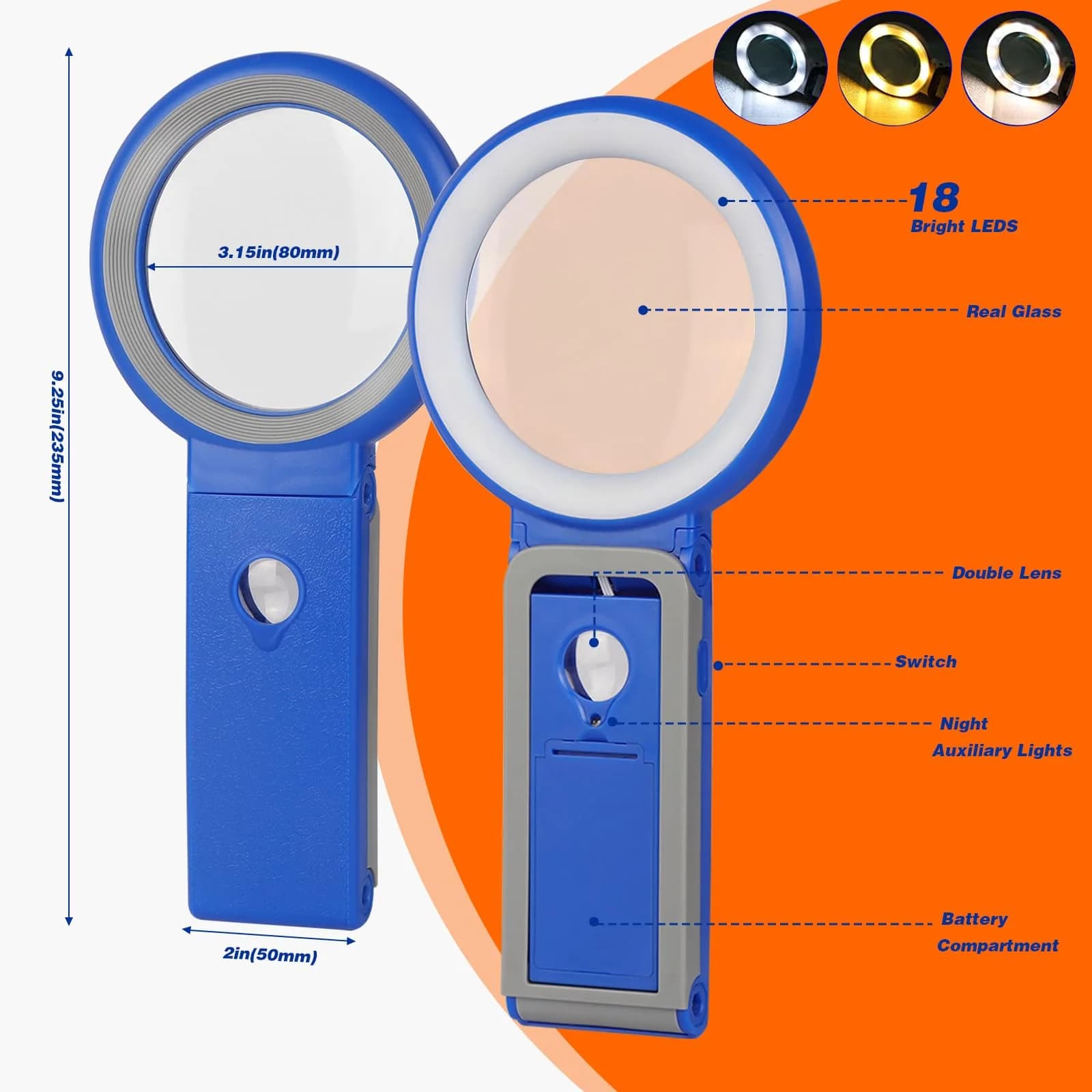 KIBTOY Blue Magnifier with Light and Stand, 3.2-inch Glass Lens | 3x Magnification for Seniors Reading - view 4