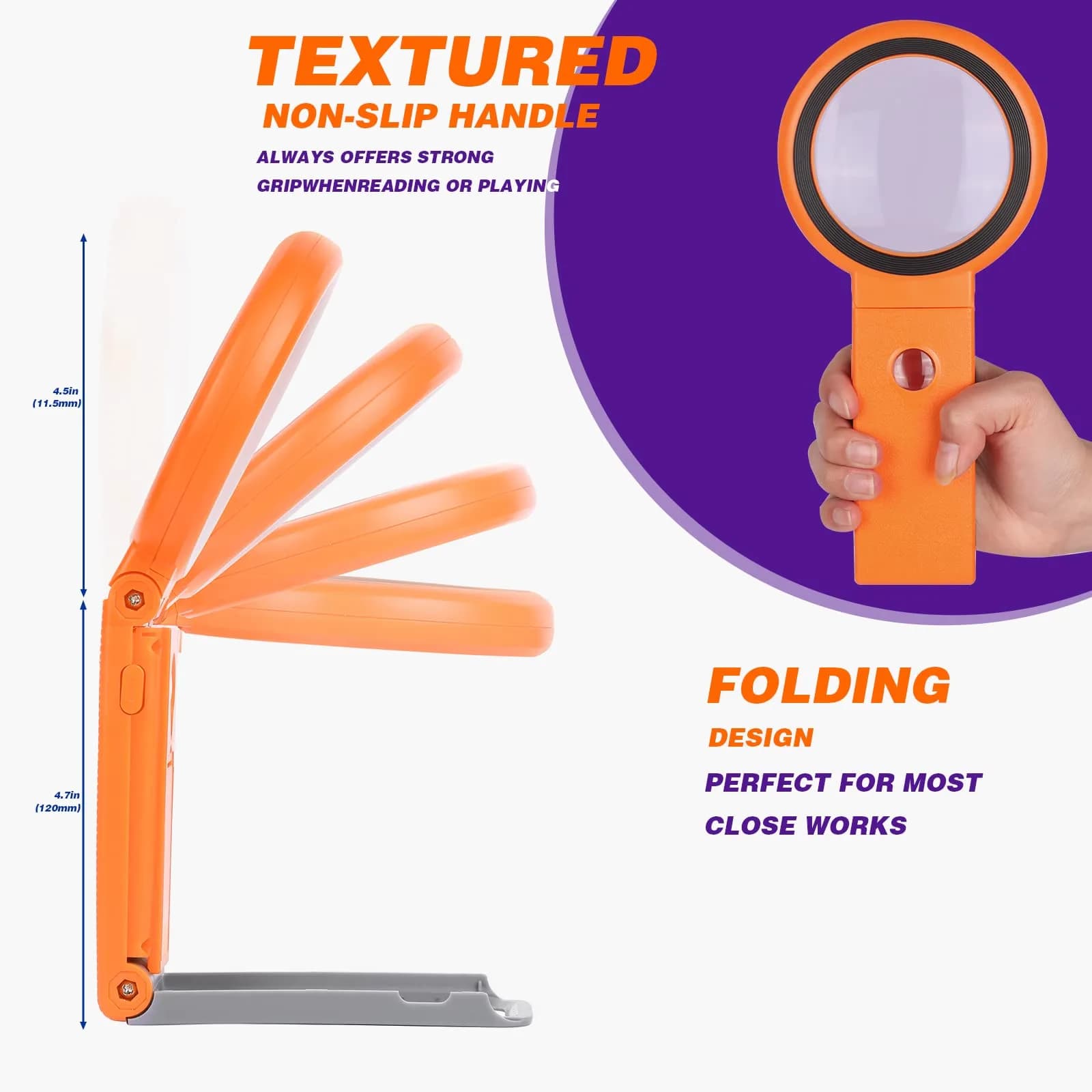 KIBTOY Orange Magnifying Glass with Light and Stand, 3.2-inch Glass Lens | High Powered Magnification for Seniors - view 4