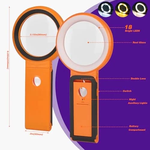KIBTOY Orange Magnifying Glass with Light and Stand, 3.2-inch Glass Lens | High Powered Magnification for Seniors thumbnail 6