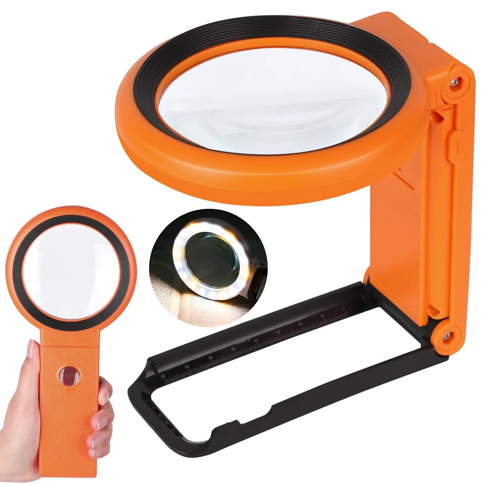 KIBTOY Orange Magnifying Glass with Light and Stand, 3.2-inch Glass Lens | High Powered Magnification for Seniors - main product image