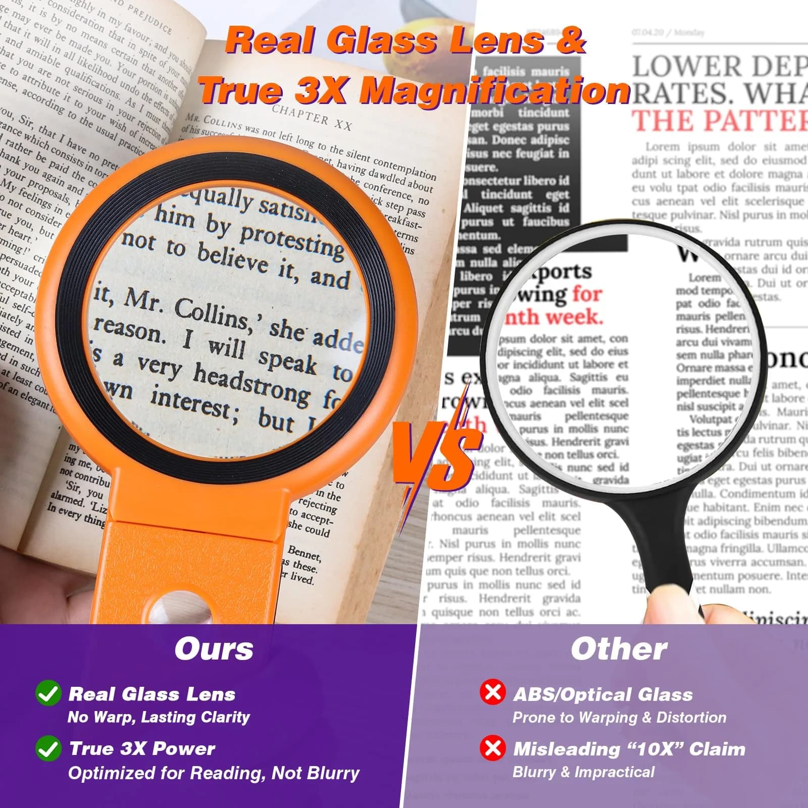 KIBTOY Orange Magnifying Glass with Light and Stand, 3.2-inch Glass Lens | High Powered Magnification for Seniors - view 2