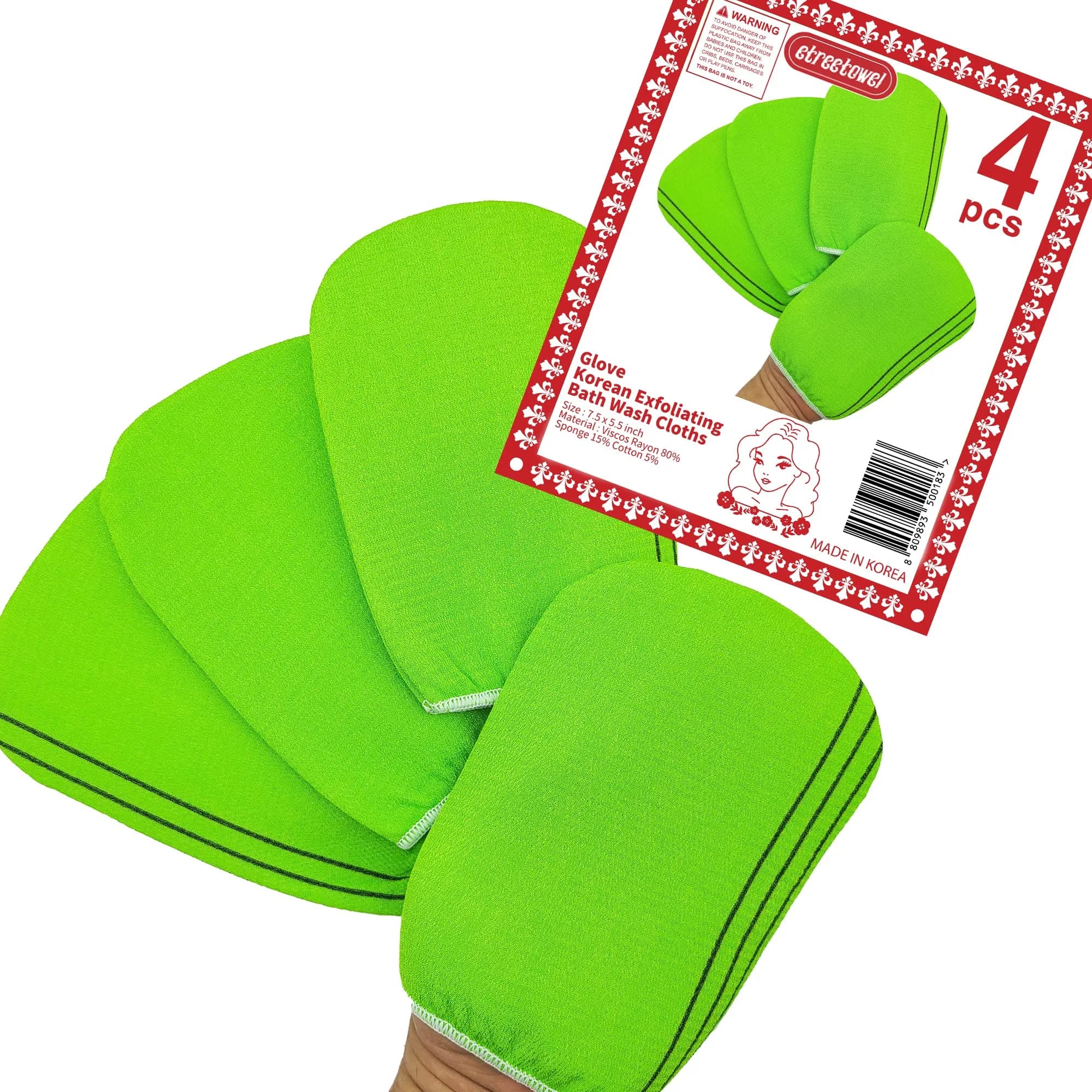 etreetowel Korean Exfoliating Bath Mitts (4 Pcs) | Premium Viscose Rayon Body Scrub Gloves — 4 Pcs of Glove Exfoliating Mitts