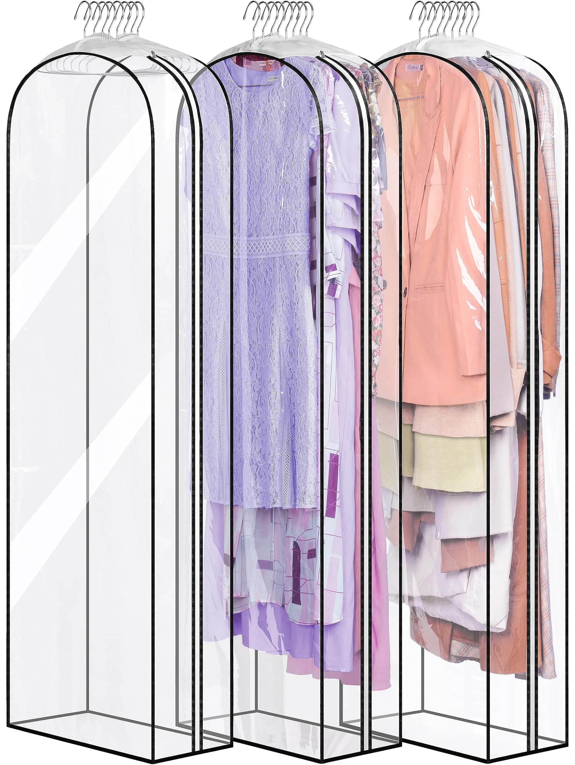 MISSLO Gusseted Clear Garment Bags for Hanging Clothes 50" (127cm) x 22" (56cm) x 10" (25cm) — 3 Pack | Protects Suits, Gowns, Dresses from Dust & Moisture — Clear