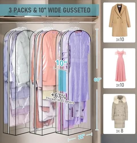 MISSLO Clear Gusseted Garment Bags for Hanging Clothes 152cm (60") x 56cm (22") x 25cm (10") | 3-Pack Closet Storage Covers thumbnail 2