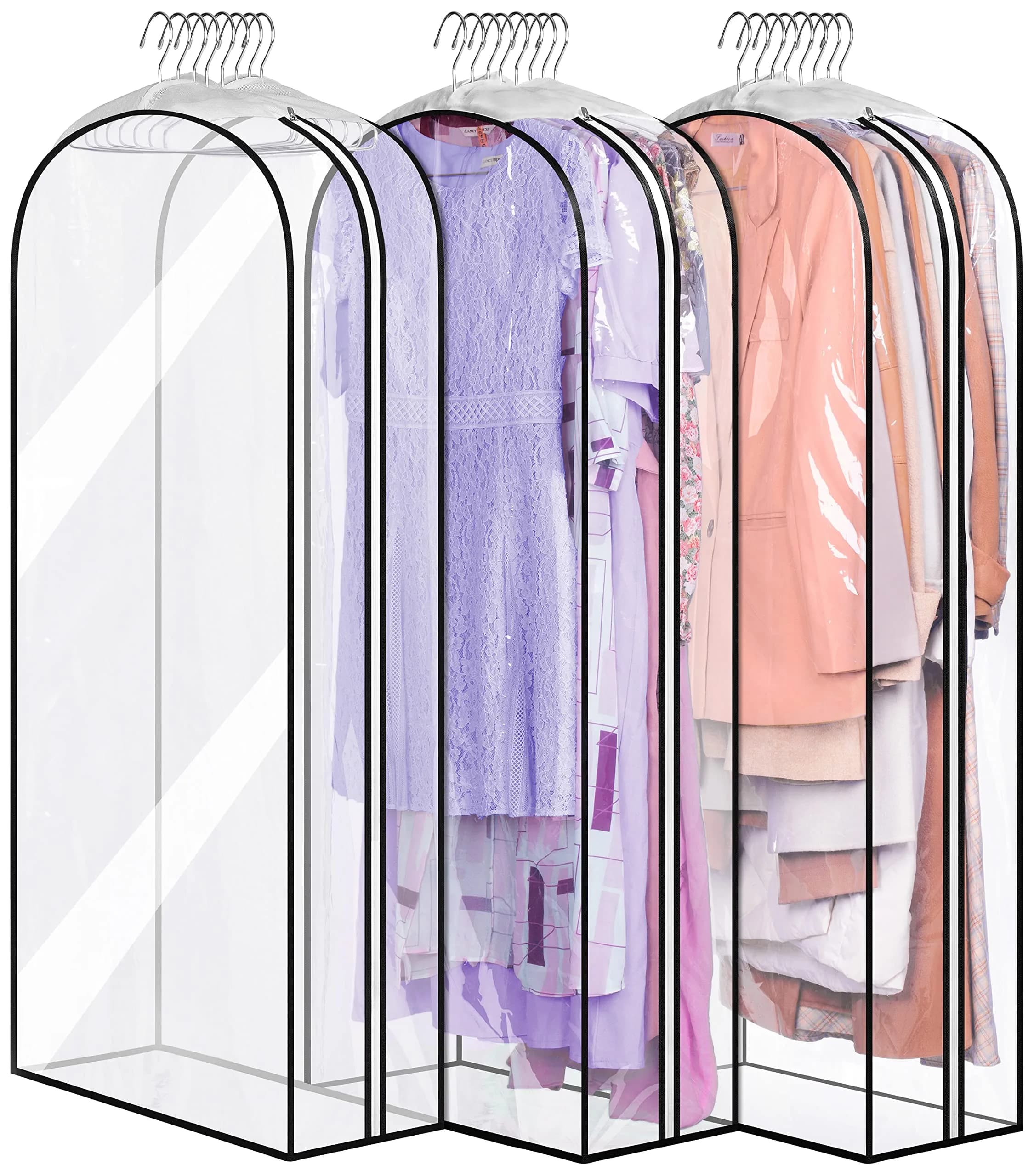 MISSLO Gusseted Clear Garment Bags for Hanging Clothes 50" (127cm) x 22" (56cm) x 10" (25cm) — 3 Pack | Protects Suits, Gowns, Dresses from Dust & Moisture — Clear