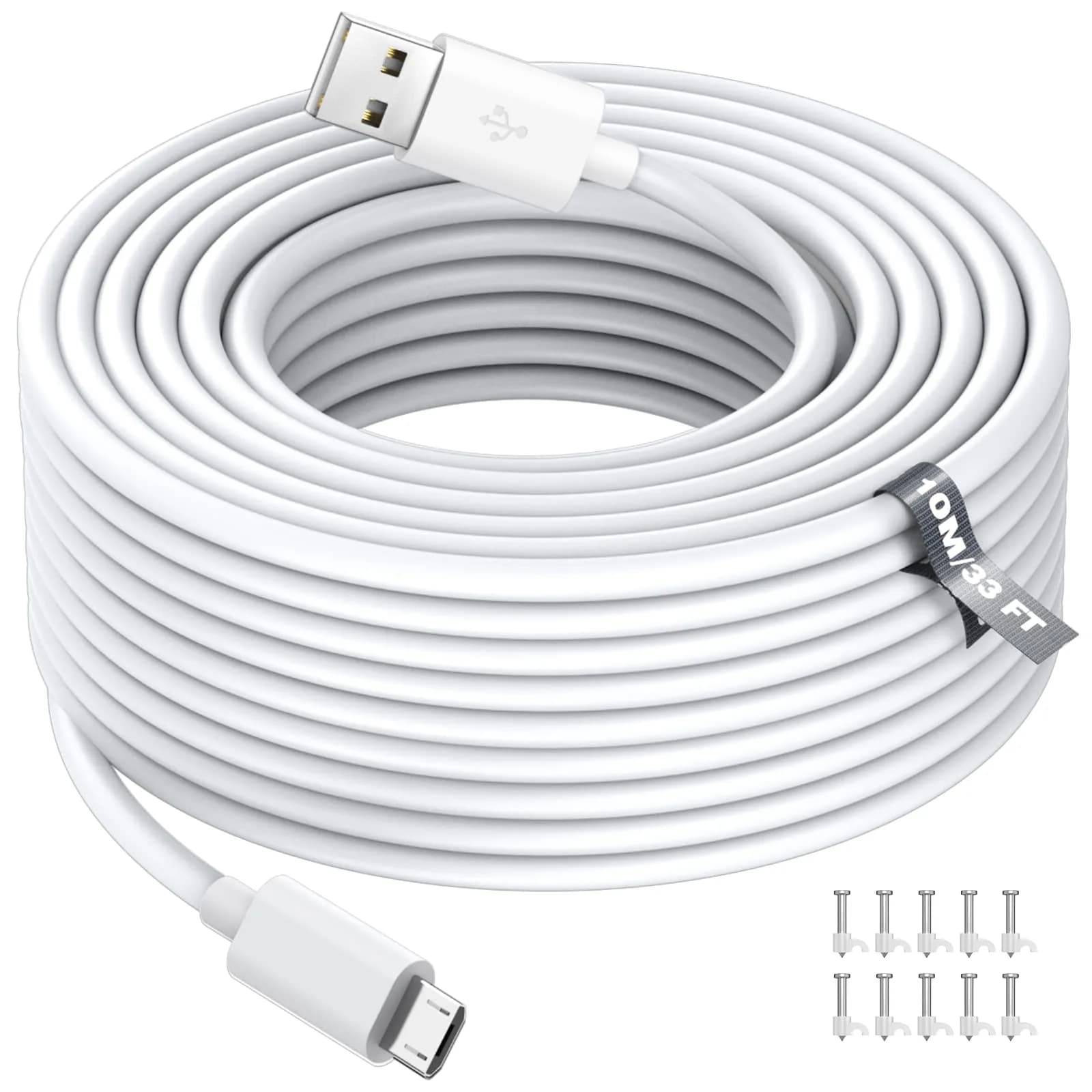 ASKUBSKU 10m (33ft) White Micro USB Power Extension Cable | For Home Security Cameras