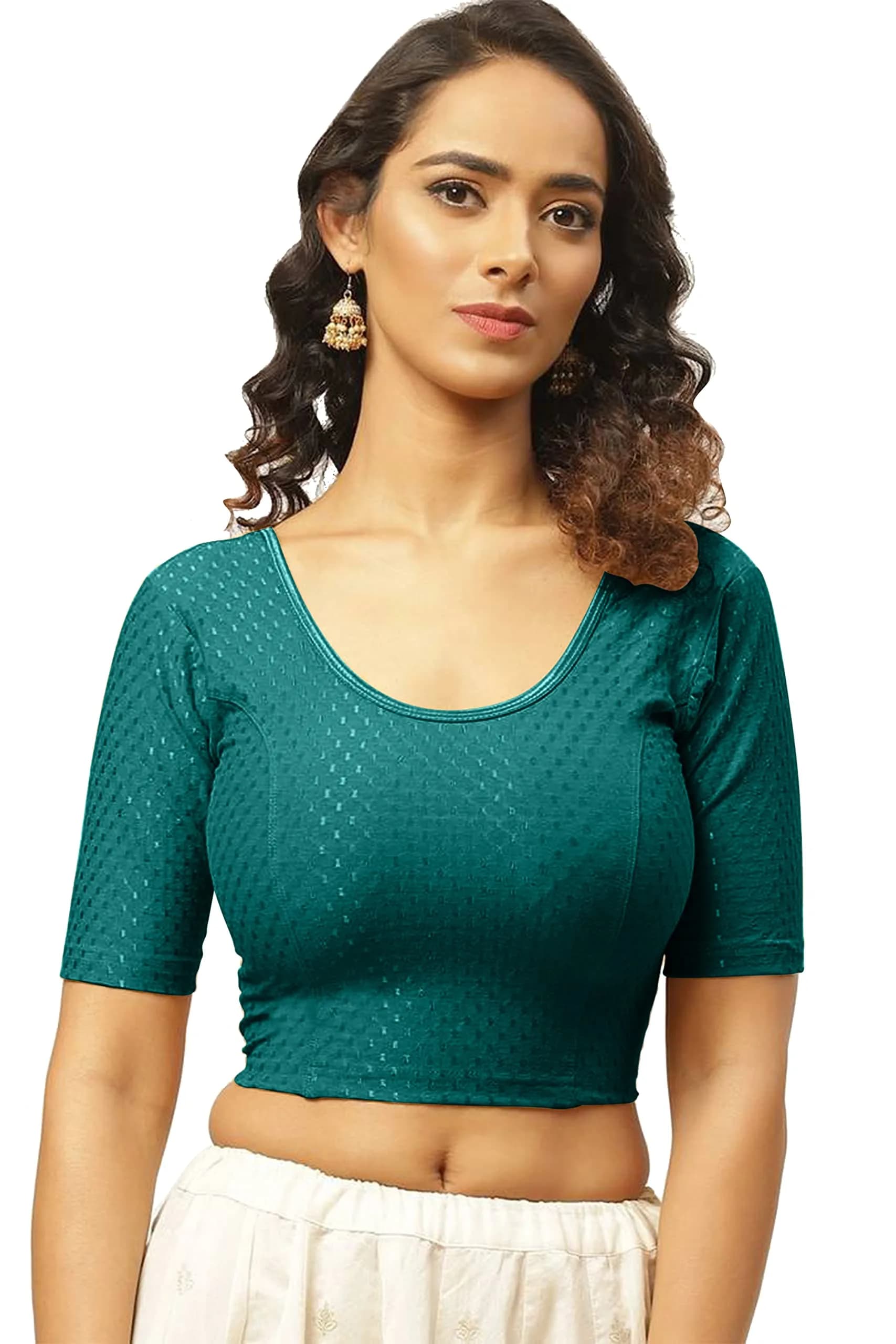Fressia Fabrics Round Neck Pure Dobby Cotton Stretchable Elbow Sleeve Saree Blouse | Black — Teal Green / XX-Large