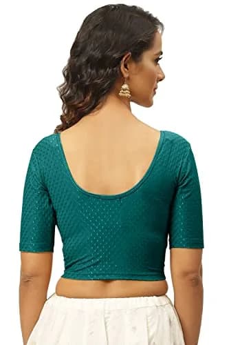 Fressia Fabrics Round Neck Pure Dobby Cotton Stretchable Elbow Sleeve Readymade Saree Blouse XXL (Teal Green) | Stylish Indian Choli for Women thumbnail 2
