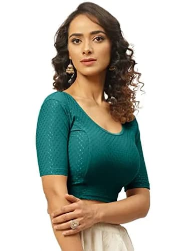 Fressia Fabrics Round Neck Pure Dobby Cotton Stretchable Elbow Sleeve Readymade Saree Blouse XXL (Teal Green) | Stylish Indian Choli for Women thumbnail 3