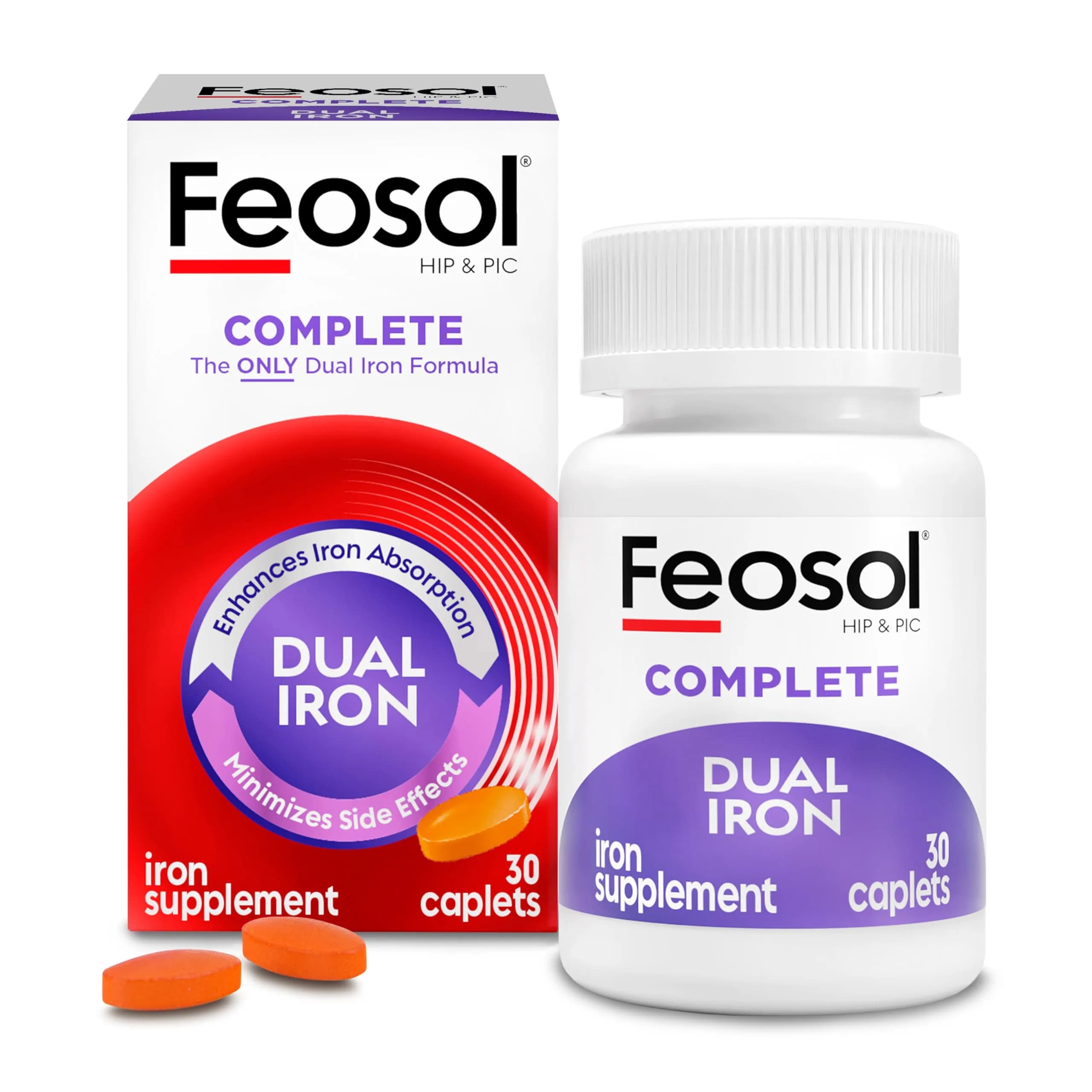 Feosol Complete Iron Supplement Caplets 30 Count | High Absorption, Gentle on System, Supports Energy & Immunity — Orange