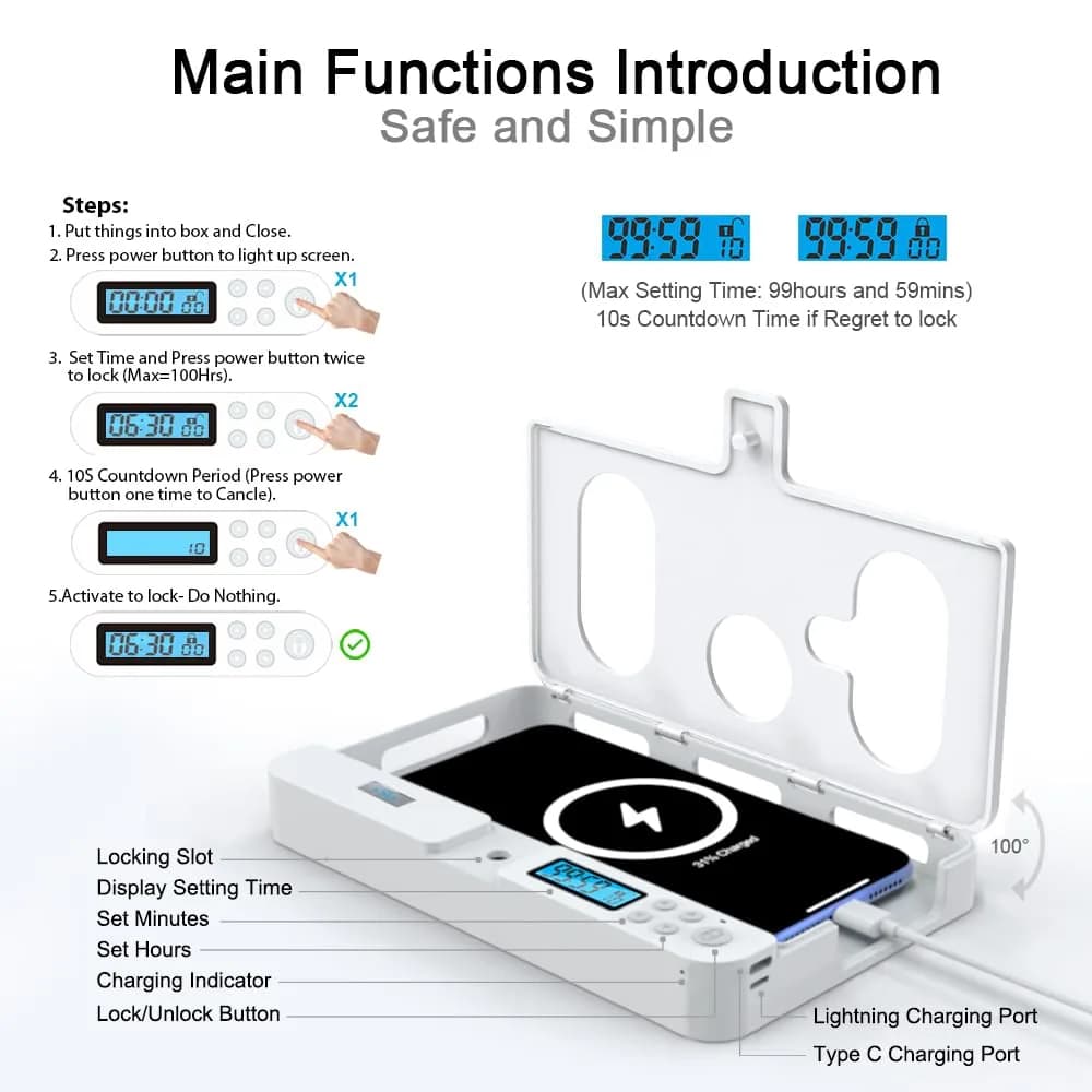 ySky Portable Phone Lock Box with Timer | 19.1cm (7.5in) White - view 6