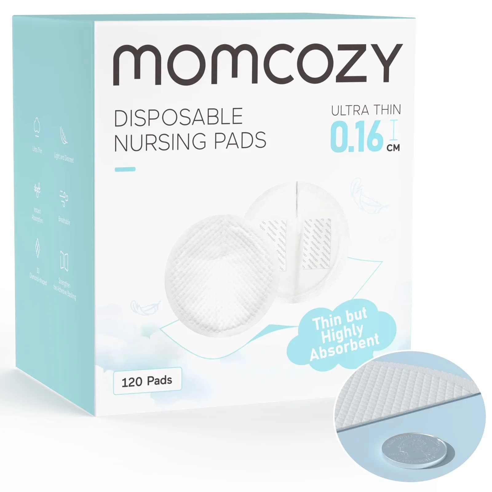 Momcozy Ultra-Thin Disposable Nursing Pads 120 Count | Super Absorbent Breastfeeding Pads for India - main product image