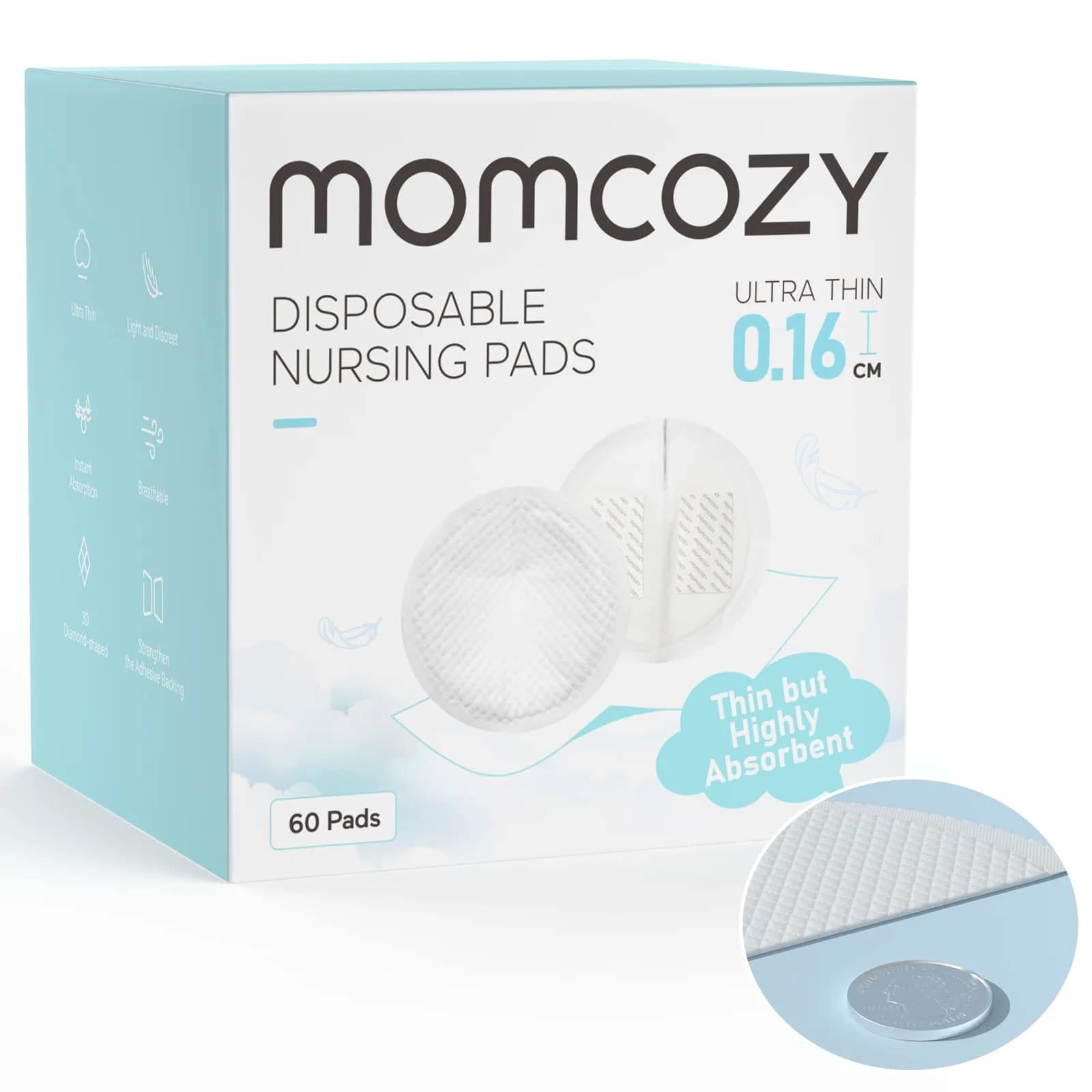 Momcozy Ultra-Thin Disposable Nursing Pads 60 Count | Ultra-Absorbent No-Leak — Thin but Absorbent