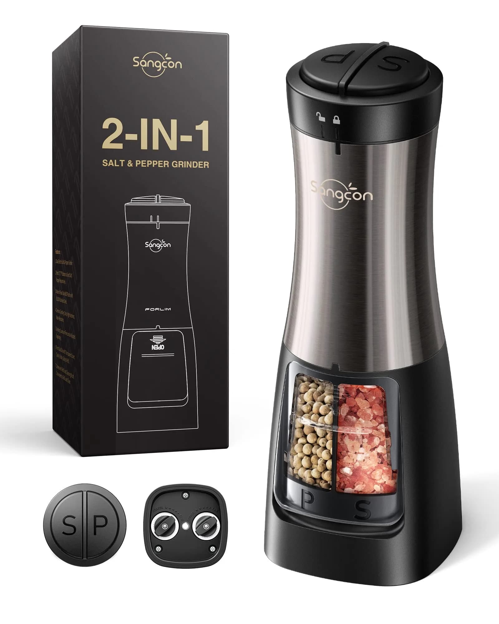 Sangcon 2-in-1 Rechargeable Salt and Pepper Grinder Set with USB-C Base & Light | Gunmetal Plus — Battery-Operated