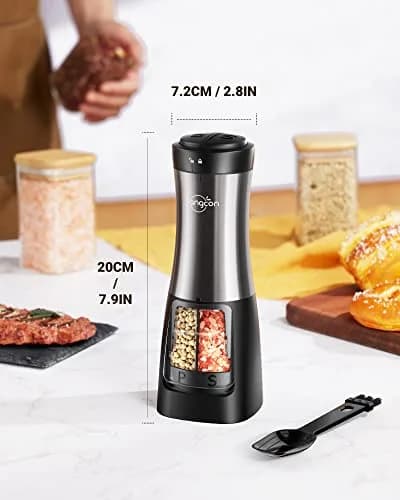 Sangcon 2-in-1 Automatic Electric Salt and Pepper Grinder with LED Light, 150ml (5.07 Fl Oz) Dual Chamber | One-Handed Operation for Kitchen & Dining thumbnail 8
