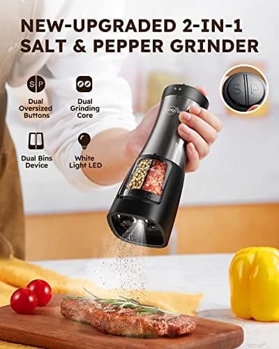 Sangcon 2-in-1 Automatic Electric Salt and Pepper Grinder with LED Light, 150ml (5.07 Fl Oz) Dual Chamber | One-Handed Operation for Kitchen & Dining thumbnail 2