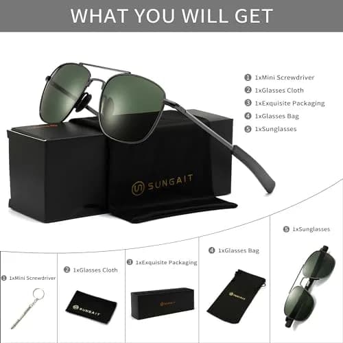 SUNGAIT Men's Military Style Polarized Pilot Aviator Sunglasses with Bayonet Temples, Green Lens thumbnail 6