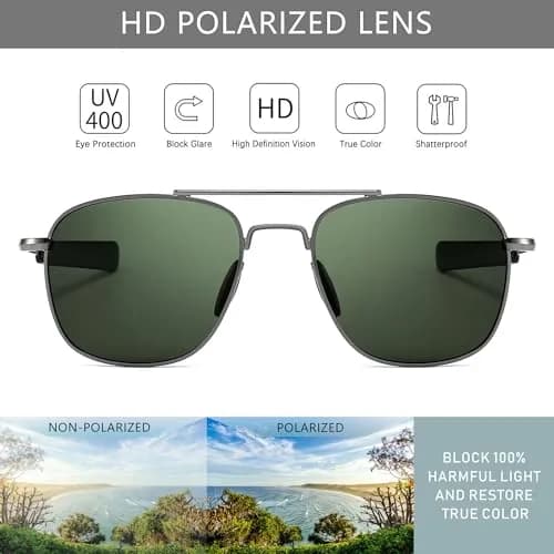 SUNGAIT Men's Military Style Polarized Pilot Aviator Sunglasses with Bayonet Temples, Green Lens thumbnail 2