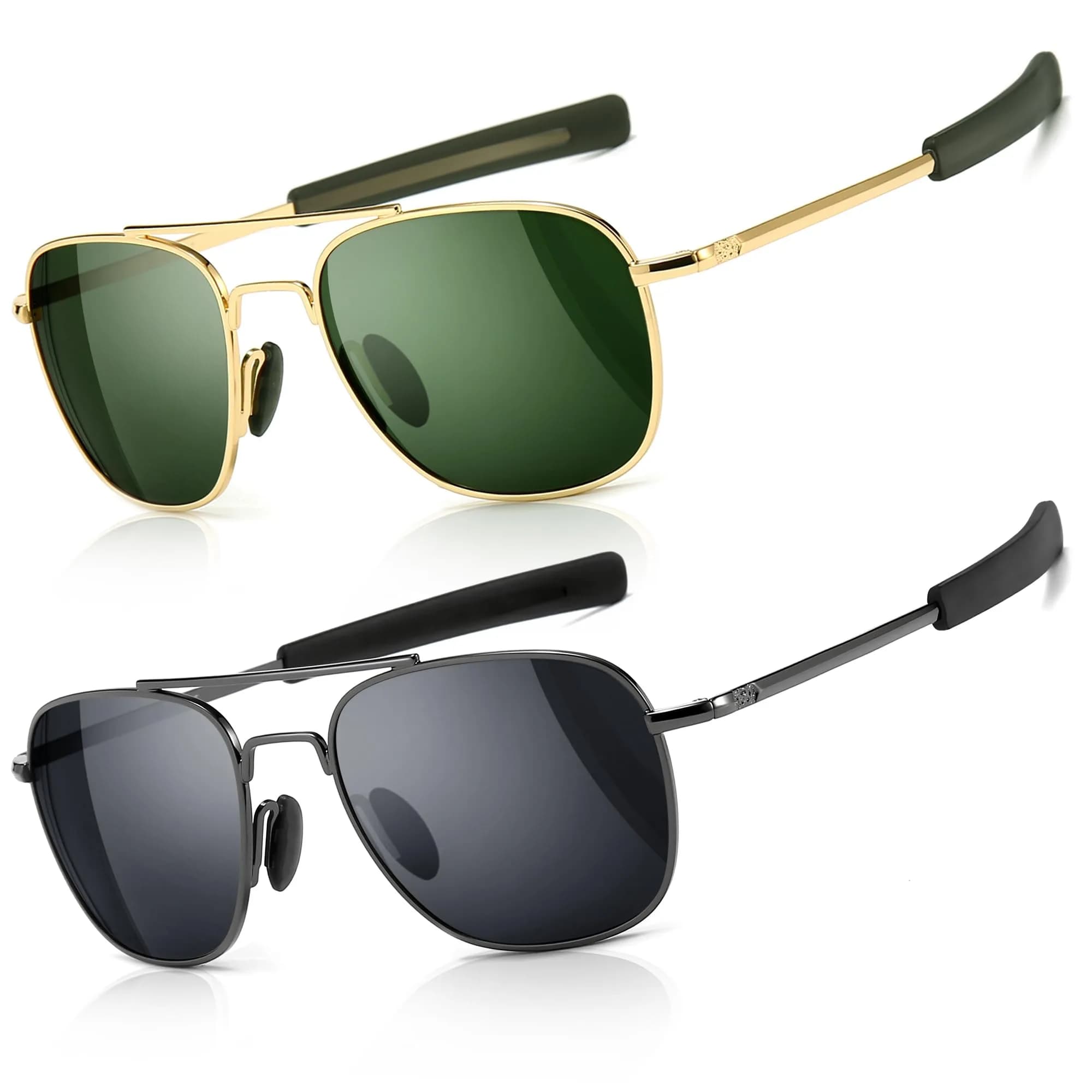 SUNGAIT Men's Military Style Polarized Pilot Aviator Sunglasses Bayonet Temples 55mm | HD Polarized Lens — Gold/Green&gunmetal/Gray