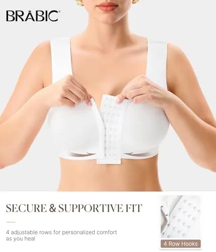 BRABIC Women's Post Surgery Compression Bra with Front Closure & Adjustable Straps for Mastectomy Recovery, White, X-Large | High Support U-Back Design thumbnail 2