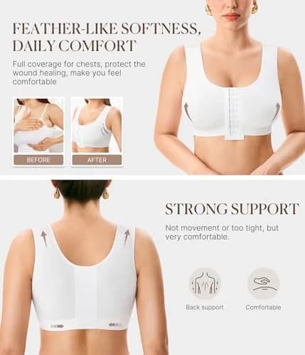 BRABIC Women's Post Surgery Compression Bra with Front Closure & Adjustable Straps for Mastectomy Recovery, White, X-Large | High Support U-Back Design thumbnail 3