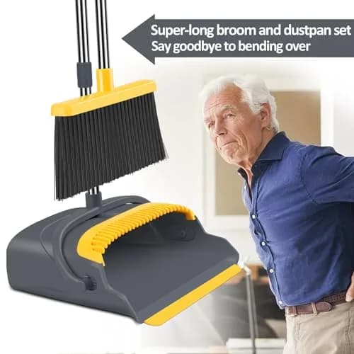 kelamayi Upgrade Broom and Dustpan Set with Extendable Handle, Self-Cleaning Dustpan Teeth, Indoor/Outdoor Use (Gray&Yellow, 1.23 kg) thumbnail 4