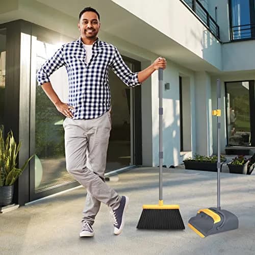 kelamayi Upgrade Broom and Dustpan Set with Extendable Handle, Self-Cleaning Dustpan Teeth, Indoor/Outdoor Use (Gray&Yellow, 1.23 kg) thumbnail 7