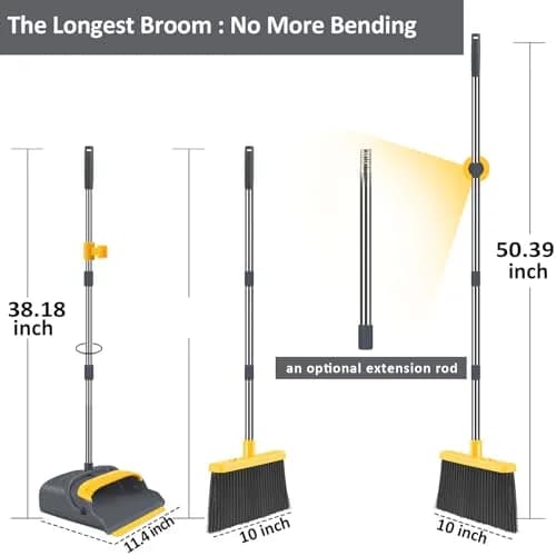 kelamayi Upgrade Broom and Dustpan Set with Extendable Handle, Self-Cleaning Dustpan Teeth, Indoor/Outdoor Use (Gray&Yellow, 1.23 kg) thumbnail 2
