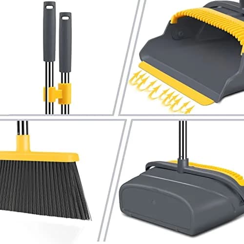 kelamayi Upgrade Broom and Dustpan Set with Extendable Handle, Self-Cleaning Dustpan Teeth, Indoor/Outdoor Use (Gray&Yellow, 1.23 kg) thumbnail 3