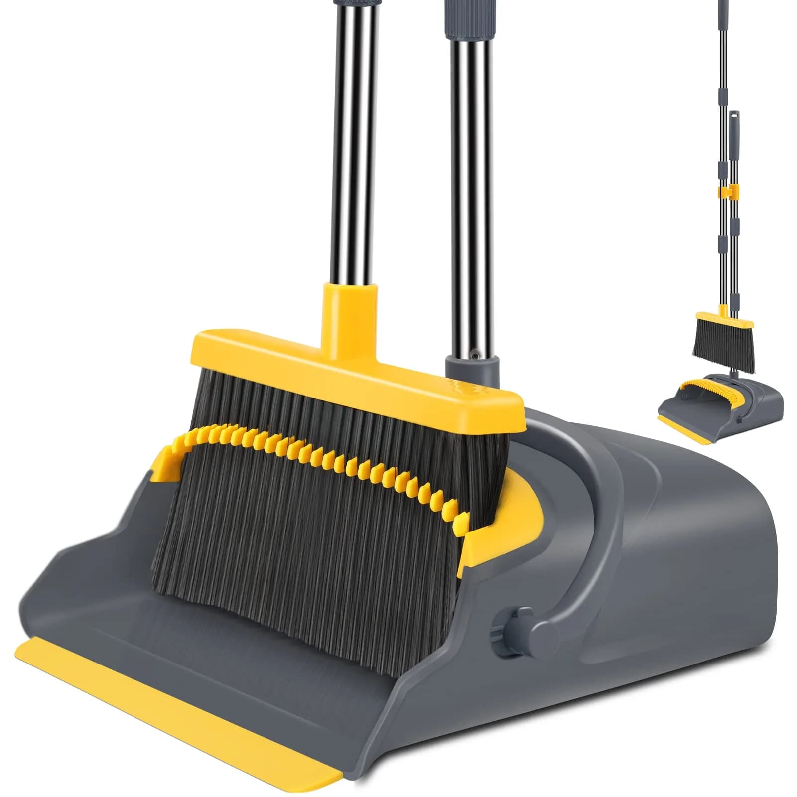 kelamayi Upgrade Broom and Dustpan Set with Extendable Handle, Self-Cleaning Dustpan Teeth, Indoor/Outdoor Use (Gray&Yellow, 1.23 kg) - main product image