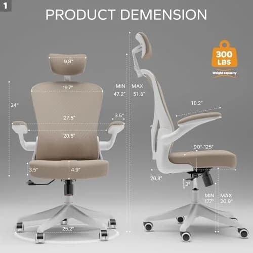 SICHY AGE High Back Mesh Office Desk Chair with Adjustable Lumbar Support & Flip-Up Armrests (Khaki, 20.8in deep, 22in wide, 43in tall) thumbnail 2